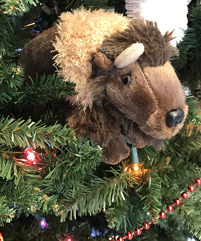 Plush bison on Christmas tree